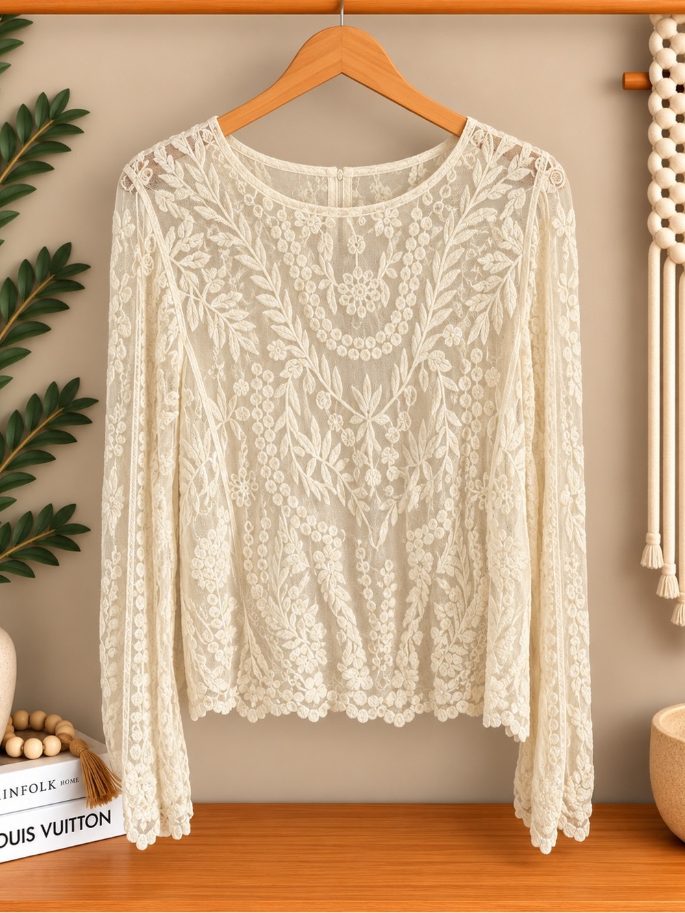 Lace Floral Long-Sleeve Top in Cream